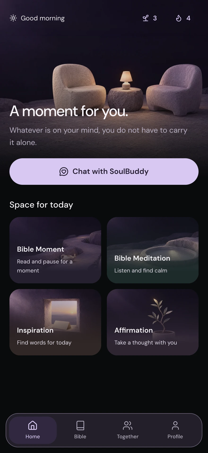 SoulBuddy — Home, dark mode with fictional sample content