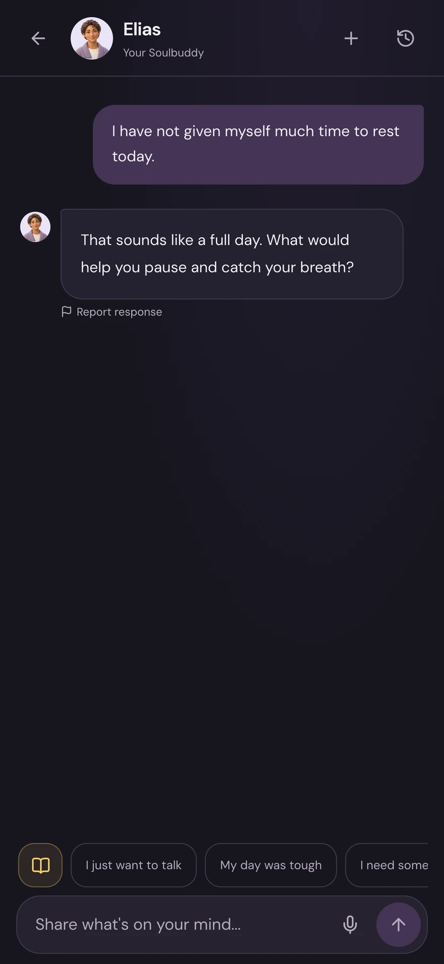 SoulBuddy — Conversation, dark mode with fictional sample content