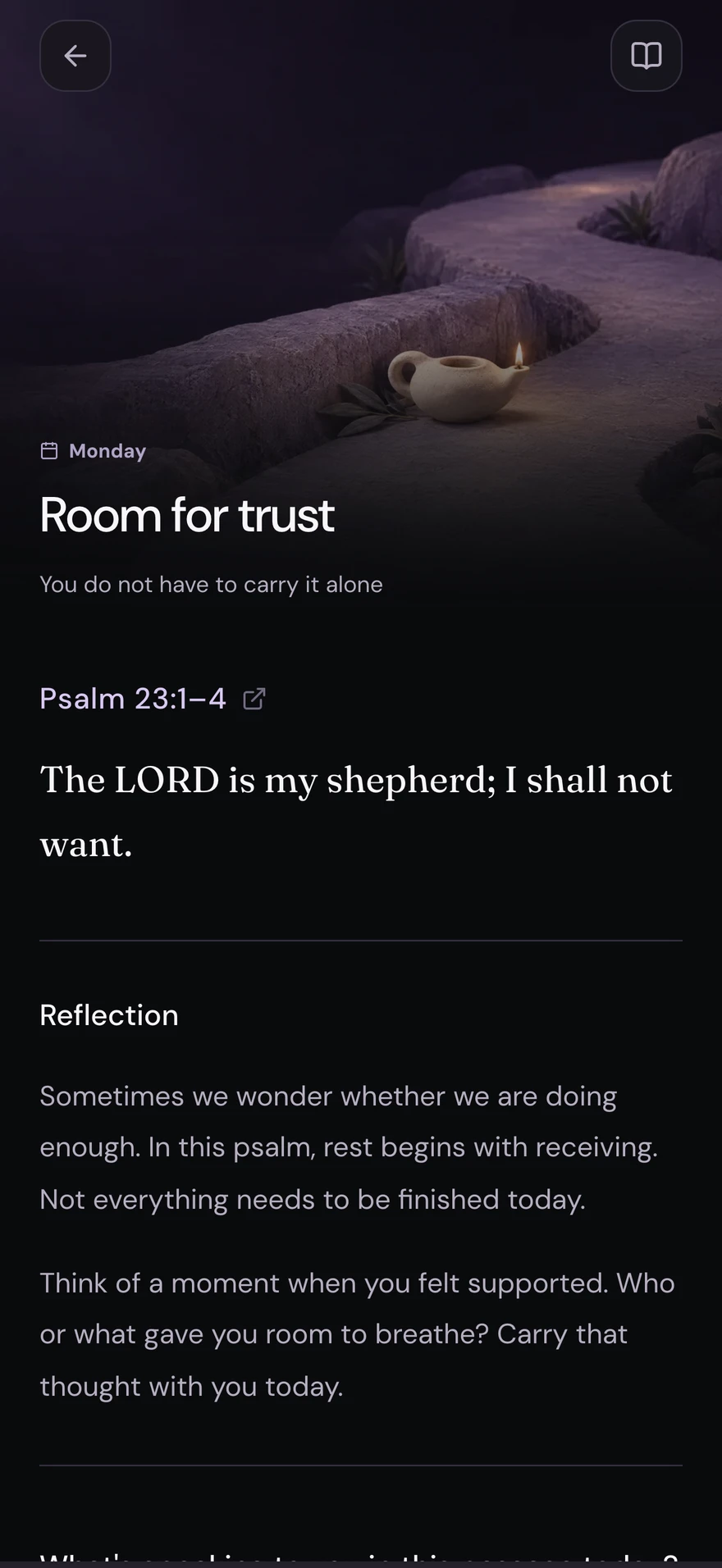 SoulBuddy — Bible moment, dark mode with fictional sample content
