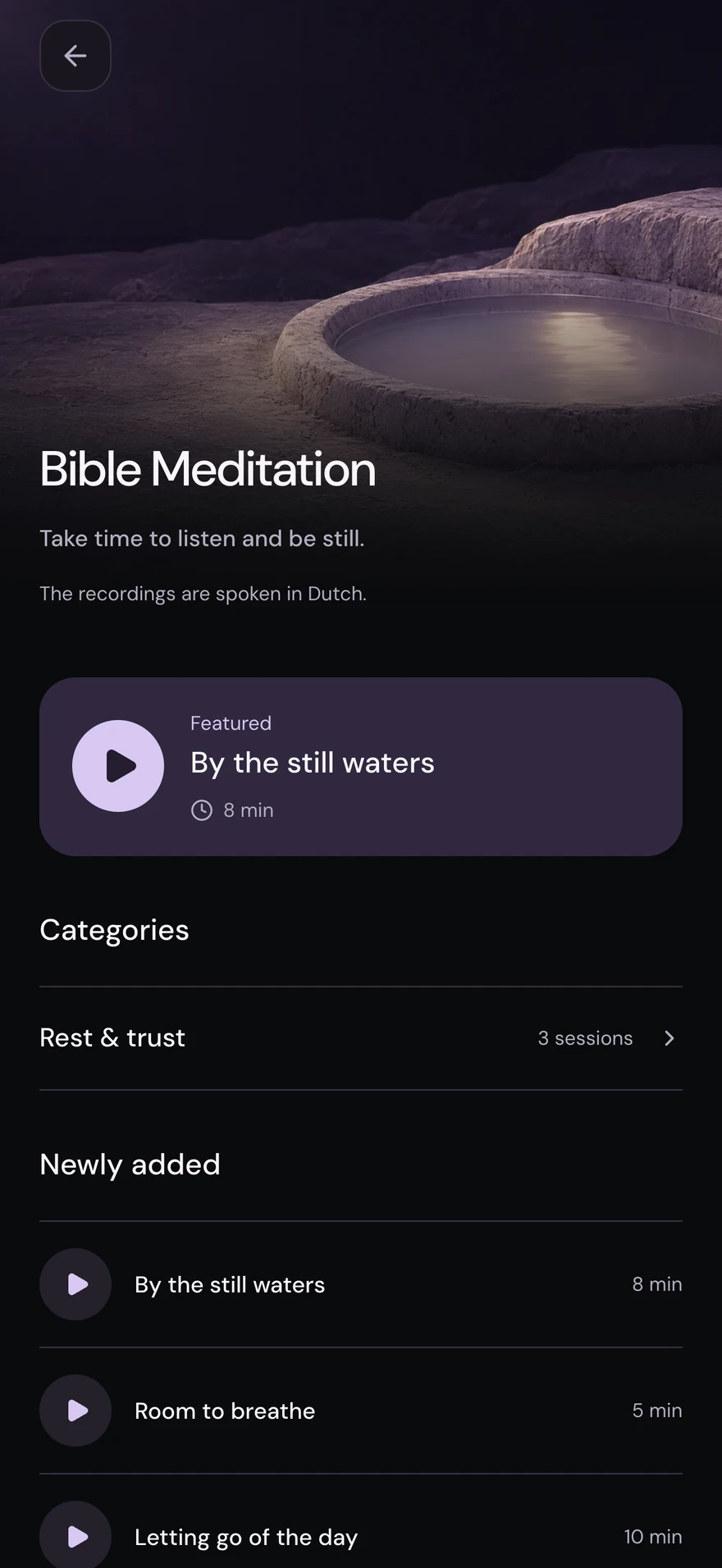 SoulBuddy — Bible meditation, dark mode with fictional sample content