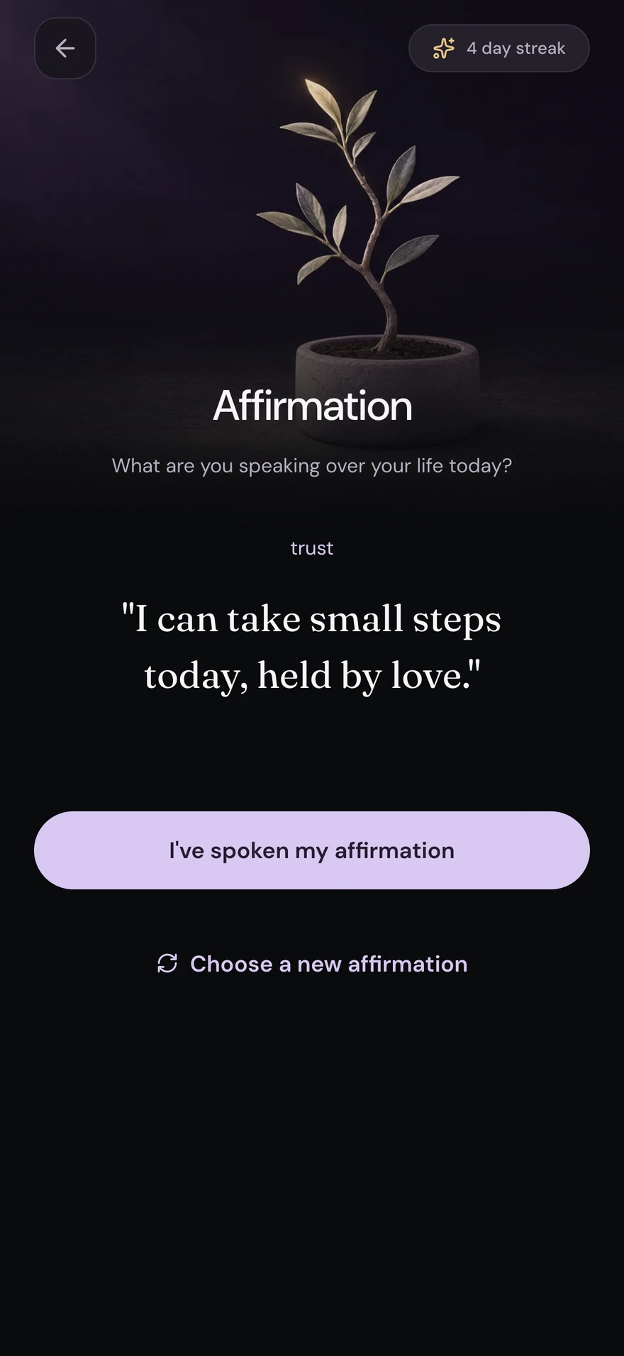 SoulBuddy — Affirmation, dark mode with fictional sample content