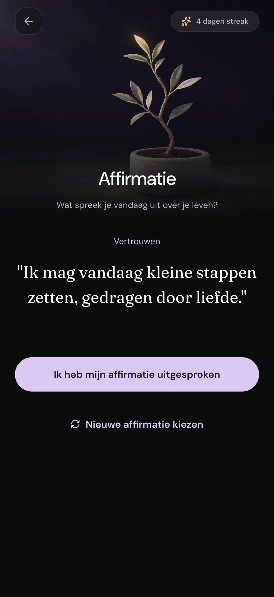 SoulBuddy — Affirmatie, donkere modus met fictieve voorbeeldinhoud
