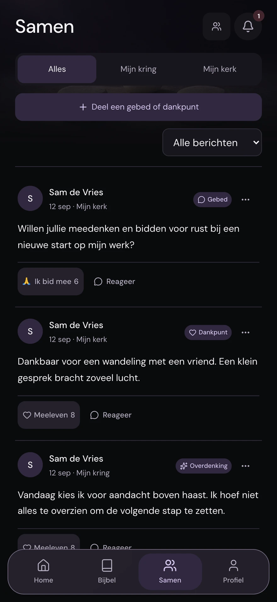SoulBuddy — Samen, donkere modus met fictieve voorbeeldinhoud